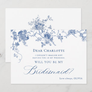 Elegant Blue Flowers word m'n Bridesmaid. Kaart