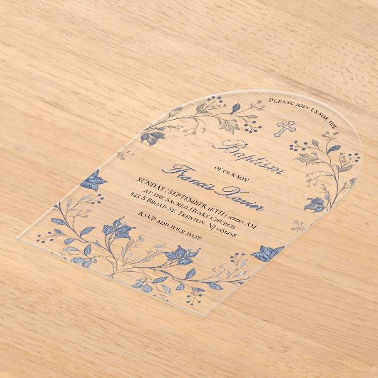 elegant blue foliage frame Baptism Acryl Uitnodigingen (Laagn)