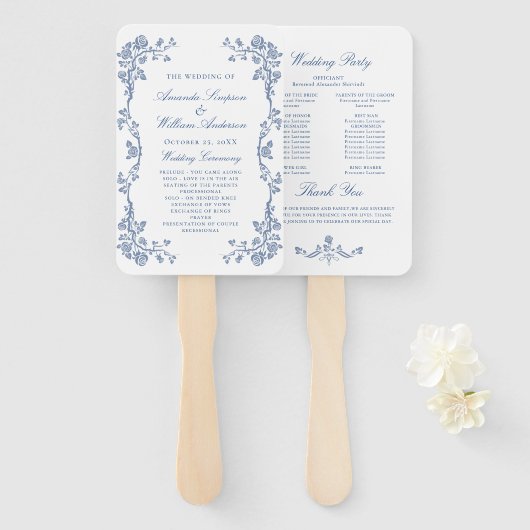Elegant Blue France Flowers Wedding Programme Handwaaier (Voorkant en achterkant)