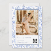 Elegant Blue French Floral Photo QR Code Kaart (Achterkant)