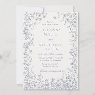 Elegant Blue French Floral Wedding Invitation
