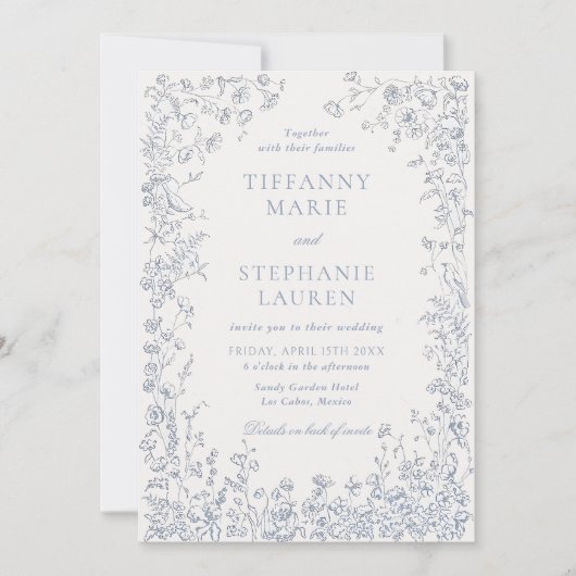 Elegant Blue French Floral Wedding Invitation (Devant)