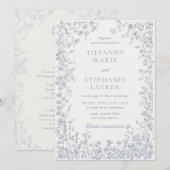 Elegant Blue French Floral Wedding Invitation (Devant / Derrière)