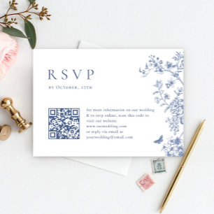 Elegant Blue French Garden Floral Wedding QR code RSVP Kaartje