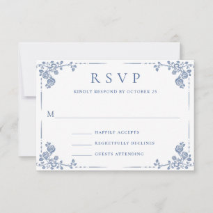 Elegant  Blue French Garden Floral Wedding RSVP Kaartje