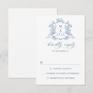 Elegant Blue French Garden Floral Wedding RSVP Kaartje