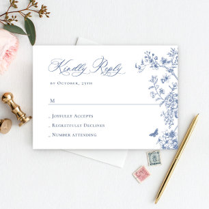 Elegant  Blue French Garden Floral Wedding RSVP Kaartje