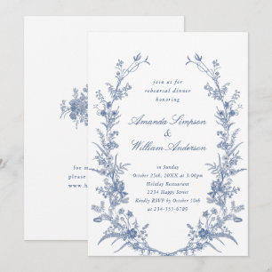 Elegant Blue French Garden Rehearsal Dinner Kaart