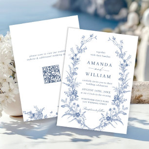 Elegant  Blue French Garden Wedding QR code Kaart