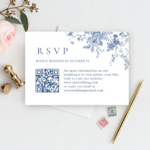 Elegant  Blue French Garden Wedding QR code RSVP Kaartje