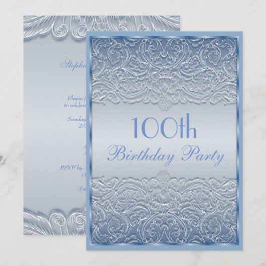 Elegant Blue French Lace 100th Birthday Kaart (Voorkant / Achterkant)