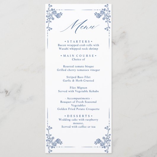 Elegant Blue Garden Flowers Weddenschap Menu (Voorkant)