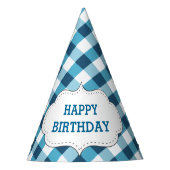 Elegant Blue Gingham Pattern Personalized Birthday Feesthoedjes (Voorkant)