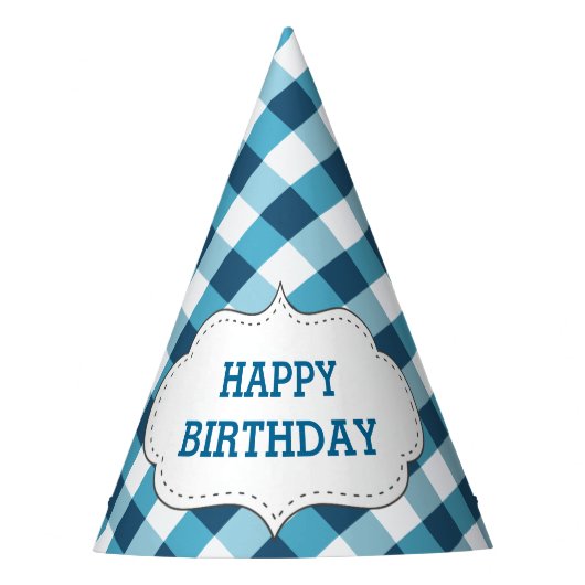 Elegant Blue Gingham Pattern Personalized Birthday Feesthoedjes (Voorkant)