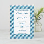 Elegant Blue Gingham Pattern Wedding Invitation Kaart (Staand voorkant)