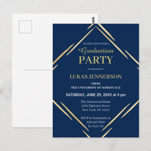 Elegant Blue Gold 2025 High School Afstuderen Briefkaart (Voorkant / Achterkant)