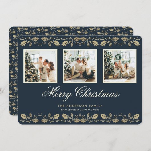 Elégant Blue Gold 3 Photo Joyeux Noël Carte (Devant / Derrière)