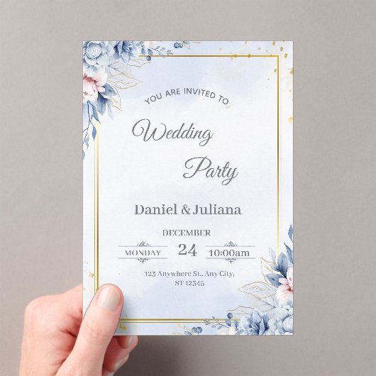 Elegant Blue & Gold Acrylic Wedding Invitation Acryl Uitnodigingen (Insitu (Draagbaar))