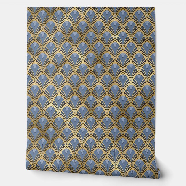 Elegant Blue Gold Art Deco  Pattern Behang (Afrollen)