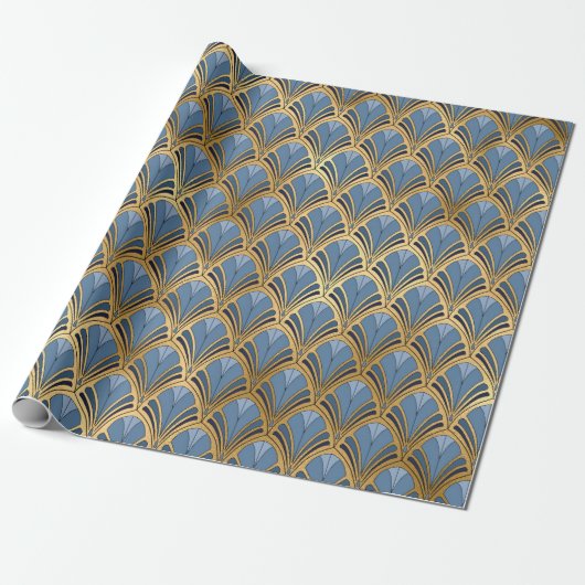 Elegant Blue Gold Art Deco  Pattern Cadeaupapier (Uitgerold)
