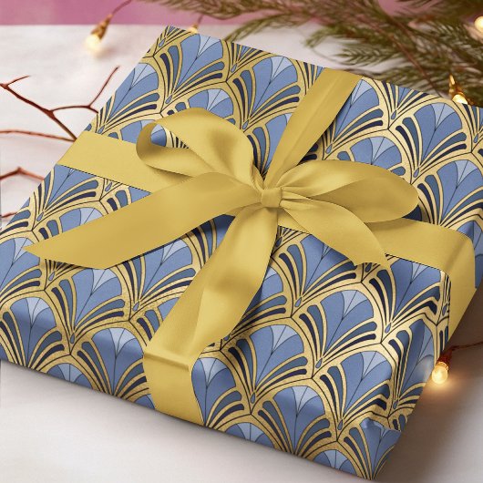 Elegant Blue Gold Art Deco  Pattern Cadeaupapier