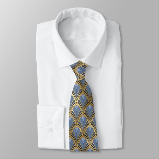 Elegant Blue Gold Art Deco  Pattern Stropdas (Gebonden)