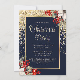 Elegant Blue Gold Botanical Christmas Party Kaart
