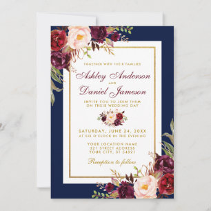 Elegant Blue Gold Burgundy Floral Wedding Invite Kaart