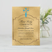 Elegant Blue Gold Cross First Community Kaart (Staand voorkant)