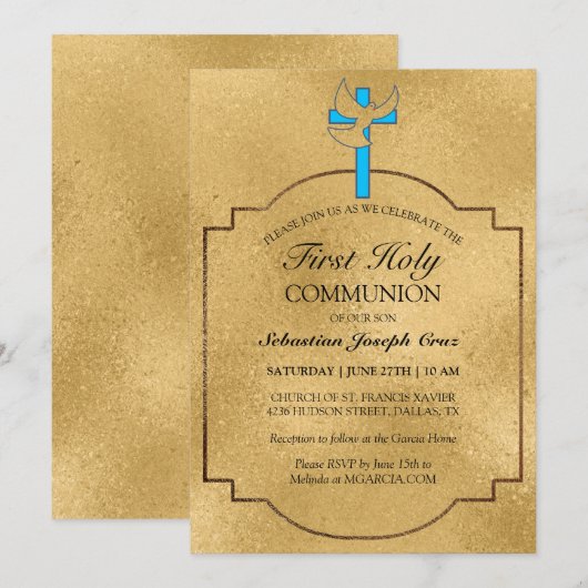 Elegant Blue Gold Cross First Community Kaart (Voorkant / Achterkant)