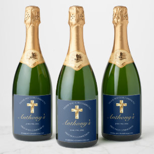 Elegant Blue Gold Cross First Community Reception Sparkling Wijnetiket