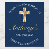 Elegant Blue Gold Cross First Community Reception Wijn Etiket (Enkel label)