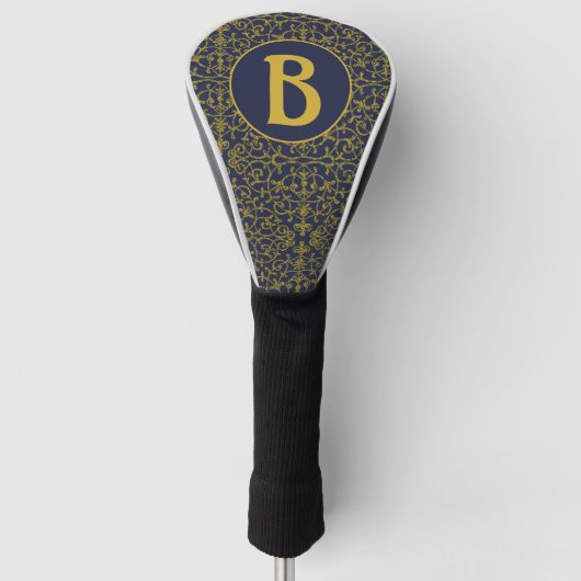 Elegant Blue & Gold Filigree Monogram Golfheadcover (Voorkant)