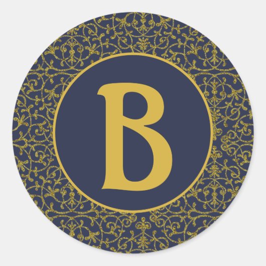 Elegant Blue & Gold Filigree Monogram Ronde Sticker (Voorkant)