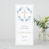 Elegant Blue Gold First Heilige Communie Menu (Staand voorkant)