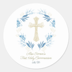 Elegant Blue Gold First Heilige Communie Ronde Sticker
