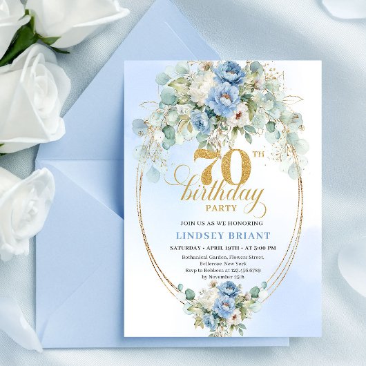 Elegant Blue Gold Floral 70th Birthday Invitation 