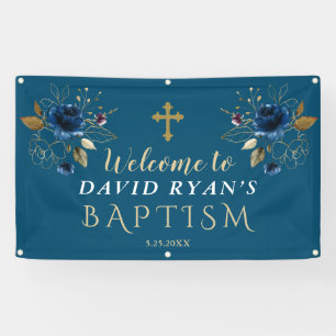 Elegant Blue Gold Flowers Baptism Welcome Sign Spandoek