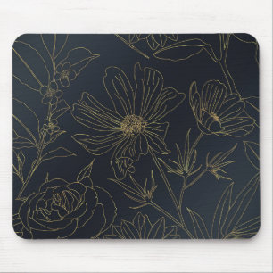 Elegant Blue Gold Flowers Line Art Muismat