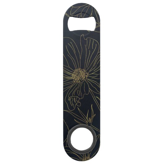 Elegant Blue Gold Flowers Line Art Speed Flessenopener (Achterkant)