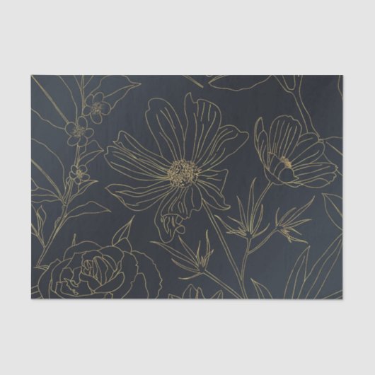 Elegant Blue Gold Flowers Line Art Tissuepapier (Voorkant)