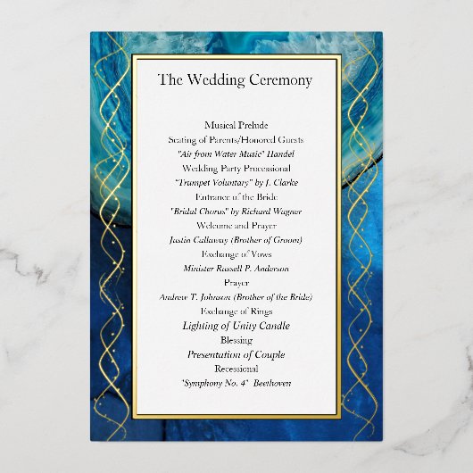Élégant Blue & Gold Galaxy Agate Wedding Programme (Recto)