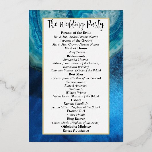 Élégant Blue & Gold Galaxy Agate Wedding Programme (Verso)