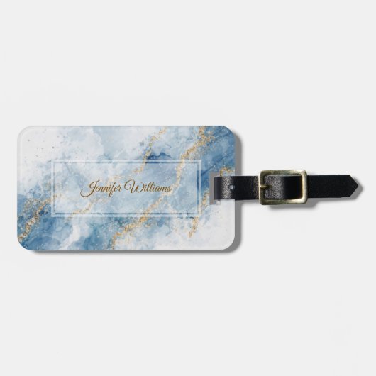 Elegant Blue Gold Glitter Abstract Flow Bagagelabel (Voorkant horizontaal)