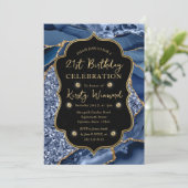 Elegant Blue & Gold Glitter Agate 21st Birthday Kaart (Staand voorkant)