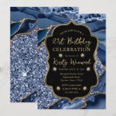 Elegant Blue & Gold Glitter Agate 21st Birthday Kaart (Voorkant / Achterkant)