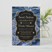 Elegant Blue & Gold Glitter Agate Sweet Sixteen Kaart (Staand voorkant)