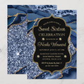 Elegant Blue & Gold Glitter Agate Sweet Sixteen Kaart (Voorkant / Achterkant)