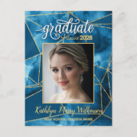 Elegant Blue Gold Glitter Script Photo Afstuderen