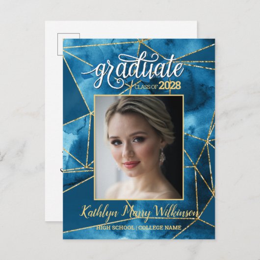 Elegant Blue Gold Glitter Script Photo Afstuderen Uitnodiging Briefkaart (Voorkant / Achterkant)